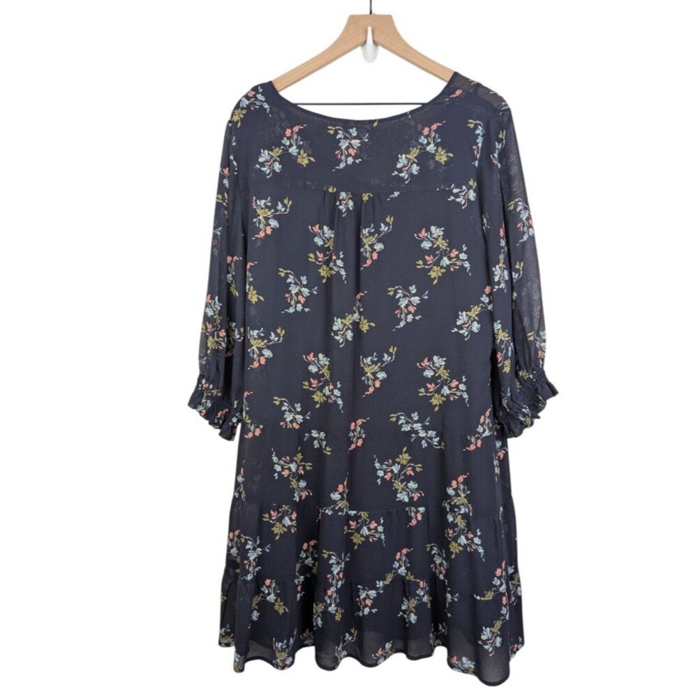 Garnet Hill | Floral Tiered Silk Dress | Size 14 | Navy Blue Multicolor Print - Picture 3 of 11